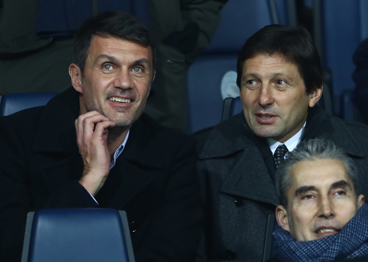 BERGAMO, ITALY - FEBRUARY 16: AC Milan Sporting Strategy & Development Director Paolo Maldini and AC Milan Club Sporting Director Leonardo De Araujo before the Serie A match between Atalanta BC and AC Milan at Stadio Atleti Azzurri d'Italia on February 16, 2019 in Bergamo, Italy. (Photo by Marco Luzzani/Getty Images)